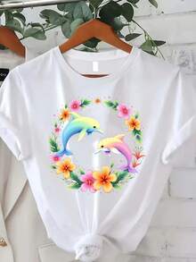 Plus Size Women's Clothing, Short-Sleeved T-Shirt With Round Neck And Colorful Dolphin And Marine Life Print, Adorned With Floral And Dolphin Motifs, Casual Shirt For Spring, Summer And Autumn, Suitable For Everyday Wear And As A Gift For The Holidays (Halloween, Christmas) - Machine Washable. Gift Idea. - 白色 - 查看 7