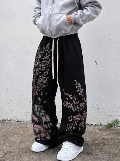  Pantalones holgados y anchos de estilo japonés Samurai con estampado de flores de cerezo para hombre Fractyr, pantalones de chándal vintage Y2K, streetwear, con cintura elástica con cordón, suaves y cómodos para uso urbano y diario
