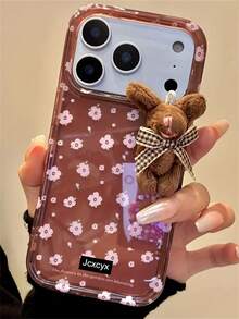 Stylish A Charming Floral Design Featuring 3D Cute Cartoon Bows And Rabbits Phone Case Compatible With IPhone 17 ProMax 17Pro 17 16 ProMax 15 14 13 12 Pro Max Lens Protection Back Cover - Brown - View 3