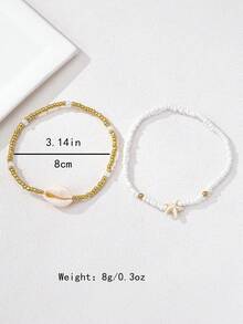 Set de 2 piezas Tobillera de estilo playero de verano con cuentas, estrella de mar y concha para mujeres - Amarillo Oro - Ver 4