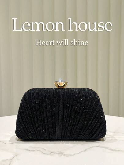 1pc Black Elegant Glittering Pleated Clutch Bag, Graceful Ladies' Evening Party Handbag, Bridal Wedding Purse, Retro Cheongsam Style Mini Bag, Suitable For Banquet, Party, Ball, Wedding Celebration, Great Gift For Women
