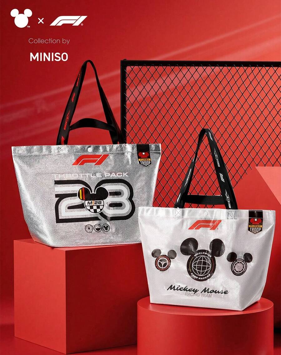 Miniso 名创优品迪士尼米奇白色帆布大号购物沙滩包时尚手提包,F1白色帆布大号购物沙滩包,轻便日常休闲女士手提包 - 彩色 - 查看 1