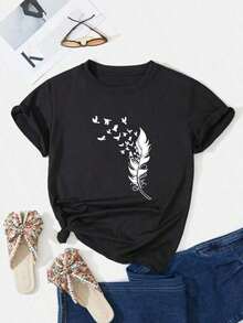 ropa de mujer  Camiseta informal de manga corta con cuello redondo y estampado de plumas de pájaro volador para mujer  camisas de mujer - Negro - Ver 1