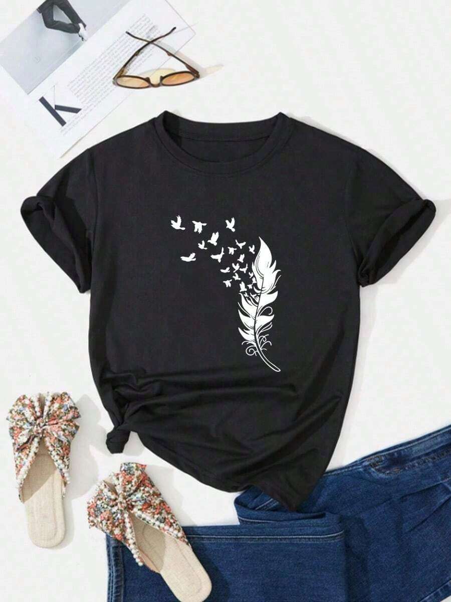 ropa de mujer Camiseta informal de manga corta con cuello redondo y estampado de plumas de pájaro volador para mujer camisas de mujer - Negro - Ver 1