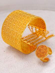 2pcs 18K Gold Plated Alloy Bracelet & Ring Set, Fashion Jewelry Suit For Wedding, Party - Yellow Gold - View 12