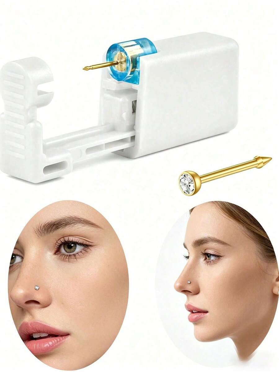 1 Nose Piercing Kit With Gold Nose Stud, 1 Pack Nose Piercing Gun, Disposable Nose Piercing Kit, White Nose Piercing Gun Tool Set - 金色 - 查看 1