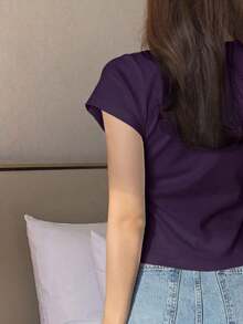 Camiseta básica de mujer de cuello redondo de unicolor de manga corta, blanca, para primavera/verano, de estilo casual de oficina - Morado Violeta - Ver 2