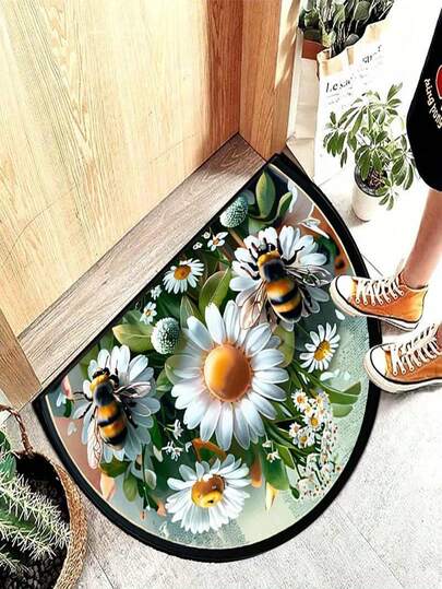 1 Thảm chào hình bán nguyệt duyên dáng với họa tiết hoa cúc và ong | Sợi polyester có thể giặt | Lý tưởng cho sử dụng trong nhà/ngoài trời | Thảm cửa bền chắc cho phòng khách, phòng ngủ, nhà bếp, phòng tắm, sân hiên
