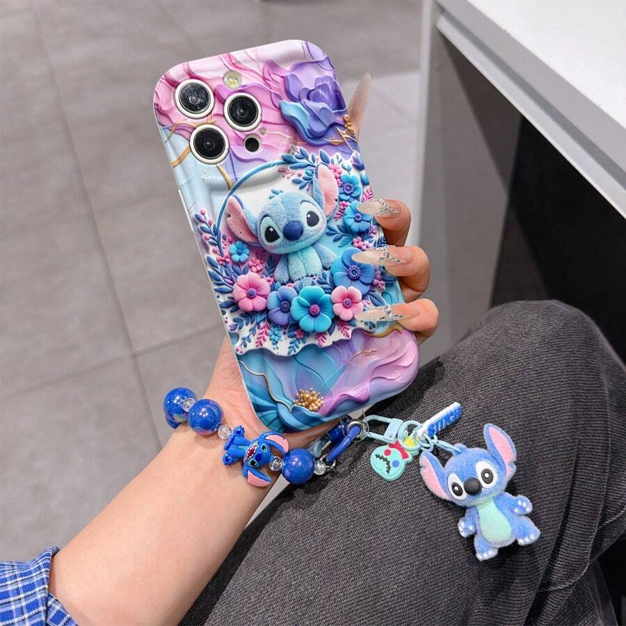 Disney Lilo & Stitch Phone Case With Stitch Charm And Stitch Lanyard - Cute Stitch Protective Case With Floral Frame And Pastel Background Design, Equipped With Delicate Stitch Decorative Lanyard And Beaded Bracelet For Easy Carrying, Compatible With IPhone 17, 16, 15, 14, 13, 12, 11 Pro Series, Ideal For Birthdays, Holidays, Anniversaries, Graduation Gifts, Or Any Special Occasion To Surprise Family, Friends, Classmates, And Loved Ones. - trắng - Xem 1