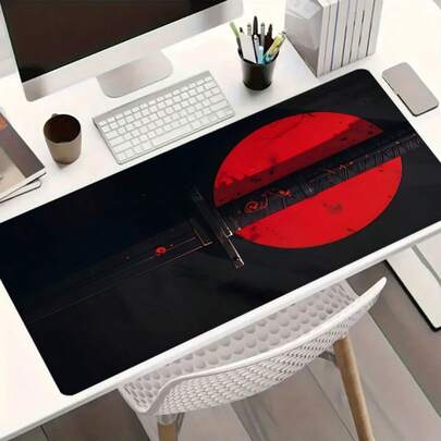 1件装日式武士刀红日图案大型游戏鼠标垫，武士道加长桌面垫，办公桌配件防滑缝边电脑垫，橡胶底座笔记本电脑键盘垫，适用于家庭办公室和游戏玩家，耐用防泼溅，理想礼物
