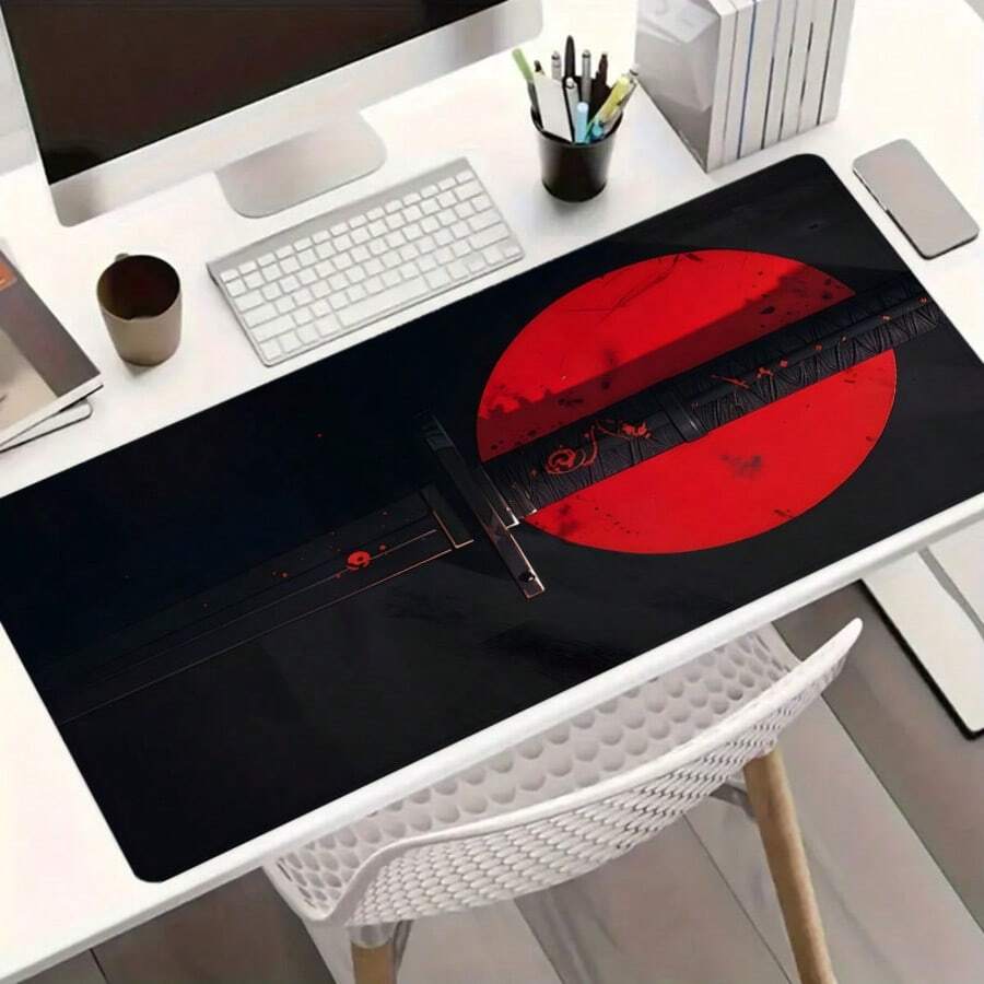 1 pieza Alfombrilla de ratón grande con diseño de sol rojo estilo japonés Katana, Estera de escritorio extendida con estilo Samurai Bushido, Accesorios de escritorio de oficina, Alfombrilla de computadora antideslizante con borde cosido, Base de goma para portátil y teclado, Duradera y resistente a derrames, Regalo ideal para el hogar, la oficina y los gamers - Ver 1