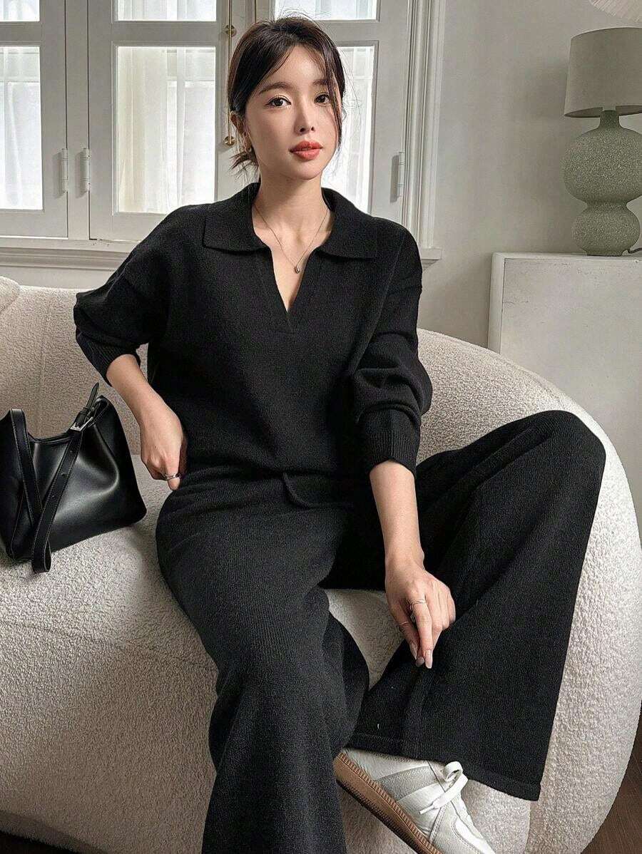 Conjunto de 2 piezas de suéter holgado de cuello vuelto de unicolor y pantalones de pierna ancha para mujer, otoño - Negro - Ver 1