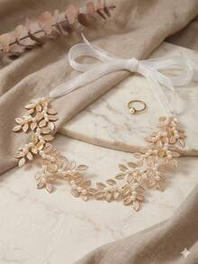 1pc Vintage Greek Style Handmade Pearl Leaf Headband, Elegant Gold Textured Bridal Headpiece, Versatile For Formal Occasions, Weddings, Parties - Multicolor - View 9