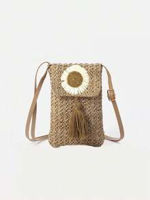 Women's Straw Tassel Crossbody Bag, Summer Beach Vacation Shoulder Bag, Sunflower/Daisy Solid Color Mini Straw Handbag, Lightweight Boho Rattan Style Tote, Adjustable Strap Small Handbag, Portable Woven Clutch For Daily Commute Shopping, Aesthetic Beach Bag For Picnic Vacation Outfit, Durable Straw Bag Gift For Women And Girls - Multicolor - View 7