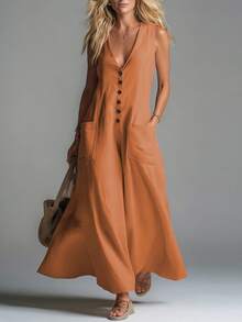 Vestido nuevo de primavera-verano para mujer, estilo casual, unicolor, escote V profundo, bolsillos de parche, diseño favorecedor, perfecto para looks de día, paseos y ocasiones informales - Rojo - Ver 8