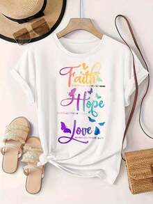 Camiseta Casual de Mujer con Diseño de Mariposas, Colores del Arcoíris, Impresión Moderna, Adecuada para Todas las Temporadas  
 Negro - Blanco - Ver 3