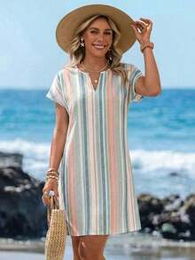 Vestido corto minimalista casual con cuello en V, adecuado para primavera y verano, ropa de verano para mujer, a rayas de colores, ropa de resort para mujer - Multicolor 8 - Ver 8