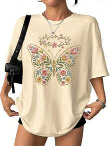 Camiseta Oversize con Gráfico de Bordado Falso de Mariposas Florales - Algodón Suave, Estilo Cottagecore, Casual, Hombros Caídos, , Una Pieza, 35% Algodón, 65% Poliéster. - Albaricoque - Ver 3