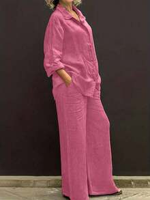 Cardigan casual con cuello polo ligero, blusa elegante de unicolor versátil adecuada para la playa, el diario, el trabajo, las compras, de tela suave, pantalones sueltos con cintura elástica, conjunto de 2 piezas, primavera/verano/otoño - Rosa Fucsia - Ver 6