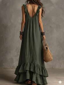 Vestido nuevo para mujer, estilo boho urbano, mangas cortas, cuello V, detalles de volantes, aire retro, cómodo y favorecedor, perfecto para paseos, citas y looks de día - Verde militar - Ver 3