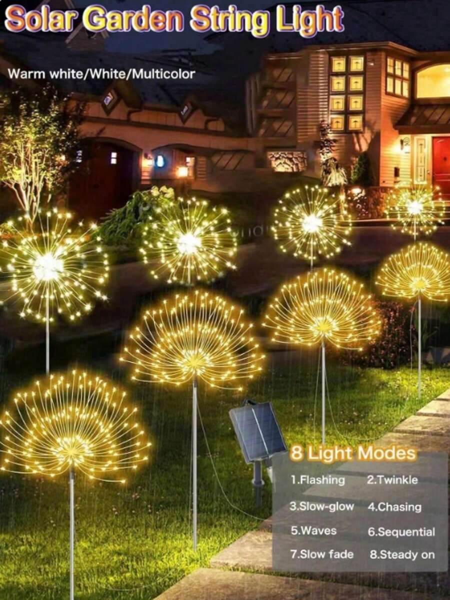 4pcs Solar Powered Firework Lights - 320/240 LED, 8 Lighting Modes, Ideal For Christmas & Halloween Decor, Warm White/Multi-Color, Christmas Decorations - One to Four - View 1