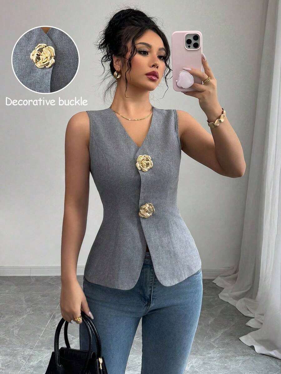 Blusa exterior con cuello en V ajustada con decoración de botones dorados con rosas - Gris - Ver 1