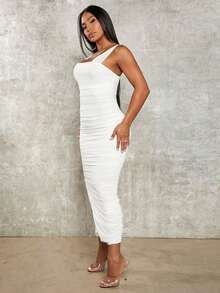 Vestido de graduación; Vestido ajustado de malla con superposición fruncida y abertura en el muslo, vestidos en tonos pastel para mujeres - Blanco - Ver 3