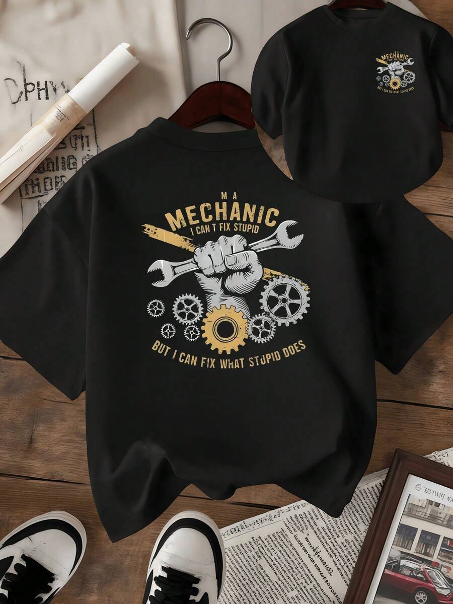 Puño levantado con llave inglesa y engranajes dorados simboliza fuerza trabajo y habilidad para resolver problemas femeninos combinado con frase divertida camiseta de mujer de doble cara moderna y cómoda para uso diario - Negro - Ver 1
