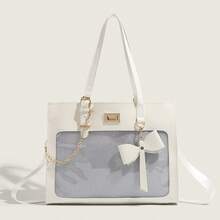 Sac fourre-tout de grande capacité décoré d'un nœud papillon, sac à main transparent et mignon pour jeunes femmes, sac bandoulière pour le travail avec option de porter à la main - Noir - Voir 2