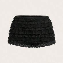 ICON Ladies' Multi-Layer Frill Hem Low-Rise Y2K Concert Going Out White Ruffle Shorts - Negro - Ver 2