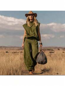 Conjunto de gamuza estilo oeste 2026, sin mangas, pantalones anchos con bajo ajustado - Verde militar - Ver 4