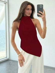 Top sin espalda con cuello halter y bajo asimétrico de unicolor púrpura para mujer, verano, vacaciones.Sencillo y elegante para uso diario y oficina. - Rojo - Ver 8