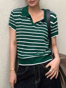 Suéter de mujer con cuello y mangas cortas a rayas para otoño - Verde - Ver 5