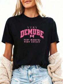 StreetKorean Pink Print T-Shirt For Valentine's Day, Casual For Women-2Graphic Tee - 黑色 - 查看 2