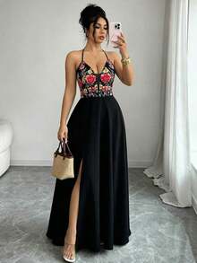 Vestido largo con abertura, escote en V, estampado floral, espalda elástica, diseño elegante y casual para uso diario, vacaciones y días festivos - Negro - Ver 5
