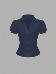 Blusa elegante de mujer con cuello en V y abotonadura sencilla, de manga corta y con rayas blancas, para primavera/verano - Azul marino - Ver 1