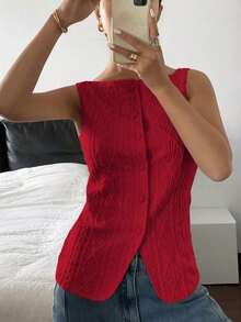 Blusa de verano informal de mujer de unicolor con textura y cierre de botones delantero - Rojo - Ver 5
