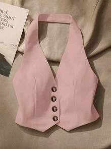 Top sin mangas con espalda descubierta casual para mujer, con botones delanteros, estilo elegante, para verano - Rosa - Ver 1