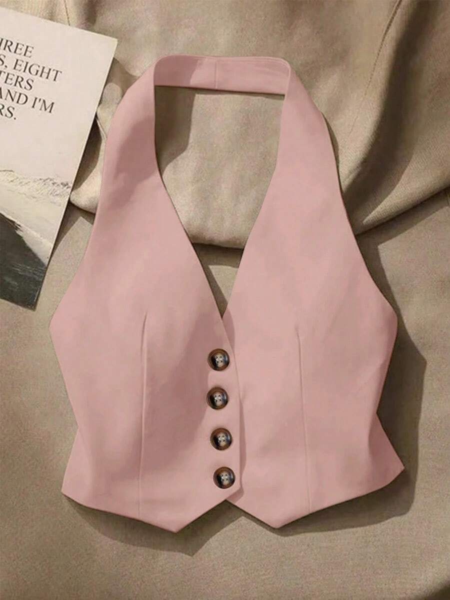 Top sin mangas con espalda descubierta casual para mujer, con botones delanteros, estilo elegante, para verano - Rosa - Ver 1