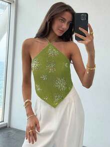 Top halter con espalda descubierta y lentejuelas sexy para mujer, ideal para verano, vacaciones en la playa, estilo bohemio, tropical, conciertos, festivales, country, Ibiza, Nashville, estilo occidental, boho, streetwear, gyaru - Verde 3 - Ver 3