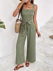 Mono ancho de pierna casual de unicolor con atar a la cintura para mujer - Verde - Ver 5