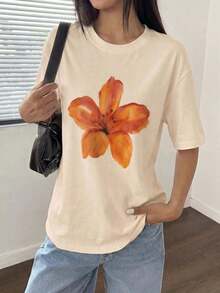 Mexican Basic 2026 Camiseta Casual de Manga Corta con Cuello Redondo para Mujer con Hermoso Estampado Floral Naranja para el Verano, Nuevo Lanzamiento - Albaricoque - Ver 3