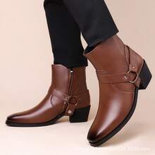 New Men's High Heel Leather Boots, Retro Western Cowboy Boots With Metal Buckle Strap And Side Zipper, Elevated Formal Boots, British Style - Brown - View 13
