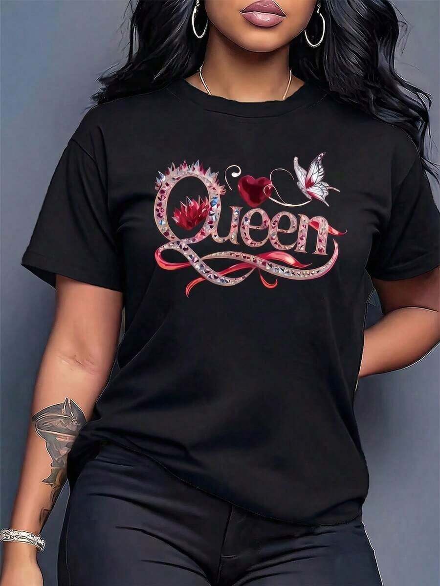 100% cotton Chaleco de moda para damas, cuello redondo, mangas cortas, longitud normal, con estampado del dibujo de la reina de picas. - Negro - Ver 1