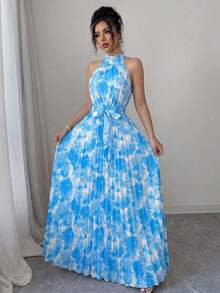 Vestido elegante y romántico con estampado floral, corte evasé y escote halter sin mangas para mujer - Multicolor 4 - Ver 4