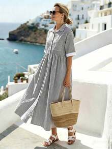 Holidaya Vestido casual de mujer con bolsillo, cuello de solapa y rayas, para verano - Negro - Ver 3