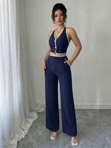 Conjunto de 2 piezas para mujer con top halter escotado en la espalda con ribete de color contrastante y pantalones largos - Azul marino - Ver 4