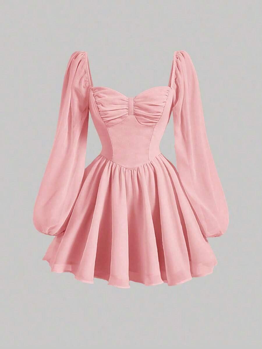 MOD Vestido escote corazón de manga farol pecho con fruncido - Rosa coral - Ver 1