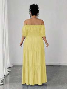 Vestido casual elegante de talla grande para mujer de primavera/verano, en azul sólido de aspecto de mezclilla con cintura fruncida y con abertura lateral - Amarillo - Ver 2