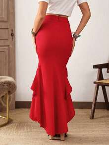 Falda vaquera con abertura alta y volantes de moda - Rojo - Ver 2